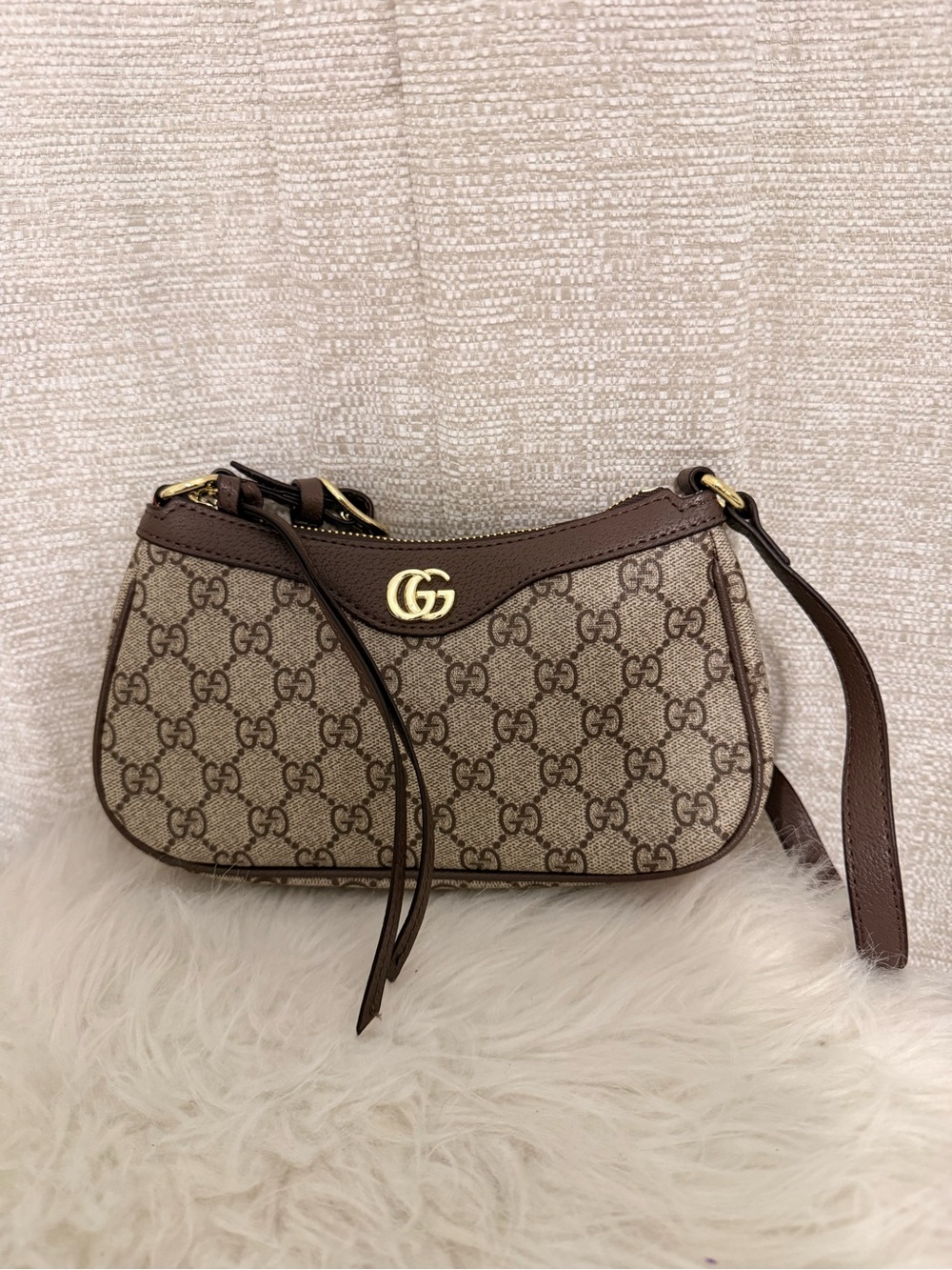 Gucci Beige Brown GG Supreme Crossbody with Gold Double G